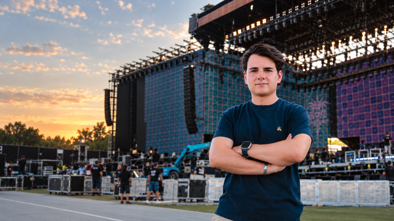 JC Mora frente a un escenario de concierto